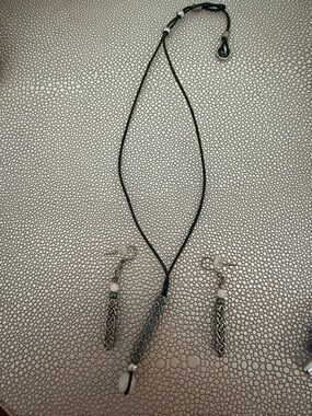 Handcrafted Black adjustable Cord Necklace and Earring Set with Silver Accents